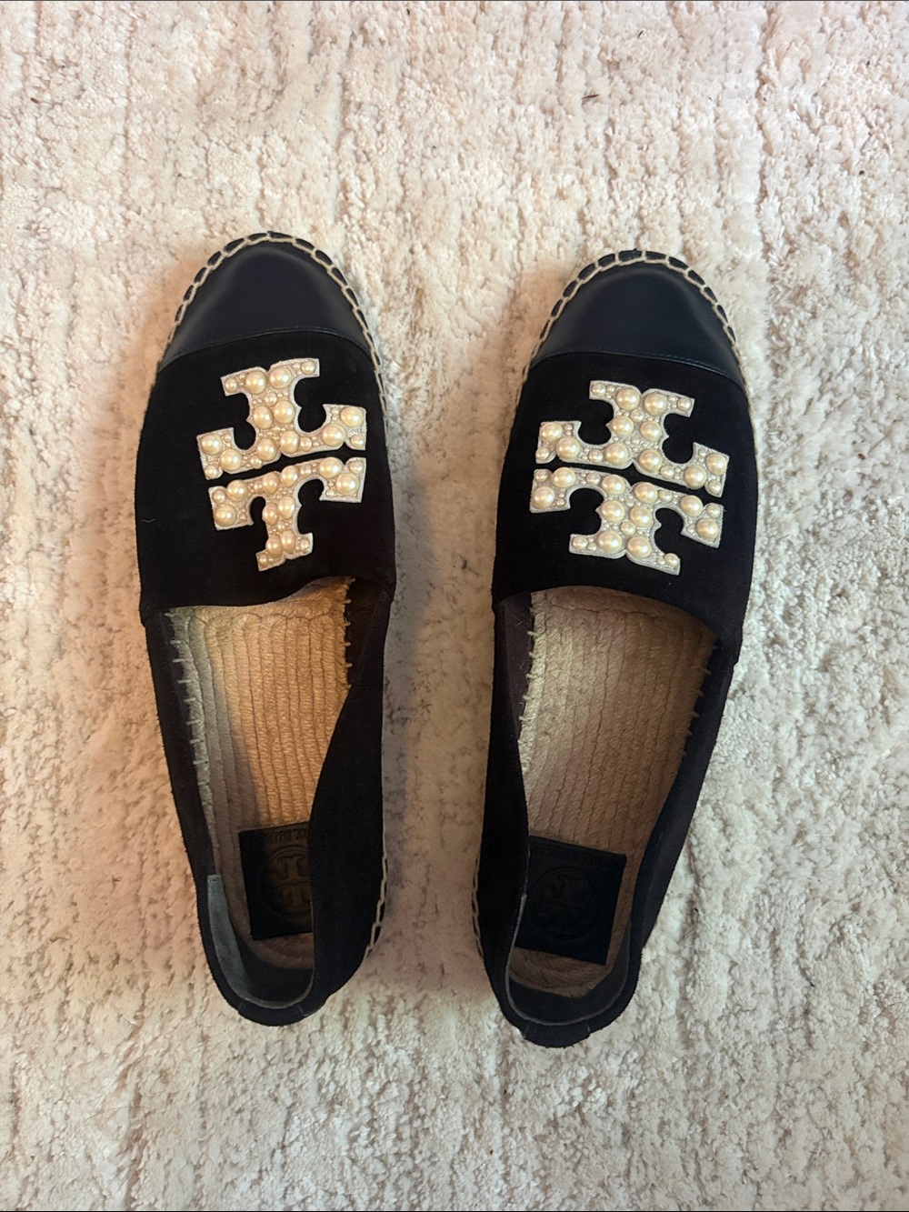 Tory Burch Black Espadrille Flats with Pearl Logo